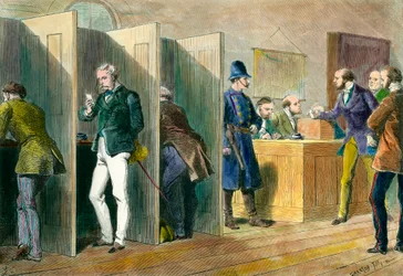 Englannin demokratia: Englannin vaalien aikana äänestyspaikalla, jossa on edustettuna äänestyskopit. Kaiverrus 1800-luvulta. Coll. Ulos.