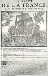 Kaiverrettu puu. Mazarinaden poliittinen pamfletti: "" Ranskan pelastus, Pariisin kaupungin käsivarsilla"" A - Ranskan hyvä nero, joka kuluttaa majesteettinsa (Louis XIII) kuninkaalliseen laivastossaan, B - Prinssi de Conty, C - Duc de Bouillon ja de la Mo