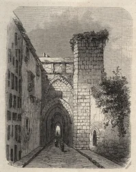 Jerusalemin arabien Medresen (korkeakoulun) sisäänkäynti, jonne temppelin Mesha-stele haudattiin - kaiverrus tammikuun 1873 maineikkaaan maailmaan