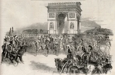 Napoleon III:n saapuminen Pariisiin Riemukaaren kautta 2. joulukuuta 1852, kaiverrus - Ranskan keisari Napoleon III (1808-1873) saapui Pariisiin 12.2.1852 -