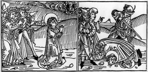 Jakso Pyhän Donatin elämästä (kuoli noin 355) Kaiverrus "Leben der Heiligen - sommerteil" (Pyhän kirja), jonka on kirjoittanut Jacobus (James) Voraginesta (1228-1298). Lyypekki 1488.