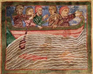 Jakso Saint Radegonden (Radegundis) of Poitiers (519-587), frangien kuninkaan Clotaire I:n vaimon elämästä: Radegonde edustettuna Florion (?) vesiä pelastamassa veneessä. Miniatyyri 1000-luvun käsikirjoituksesta. Poitiersin kaupunginkirjasto.