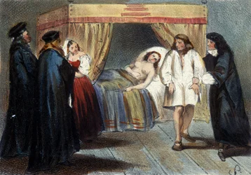 Jakso Mantovan herttua Vincent I Gonzaguen (1562 - 1612) miehuuden kokeesta hänen avioliitossaan François de Medicin tyttären Eléonoren kanssa vuonna 1584. Hänen epäiltiin, ettei hänellä ollut perillisiä. 1800-luvun litografia.
