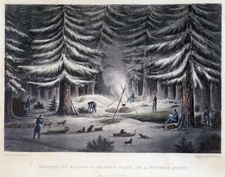 Leirin perustaminen talviyönä - "" Kertomus matkasta Napameren rannoille vuosina 1819-1821", John Franklin, toim. Lontoo