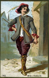 Etienne Marin Mélingue (1808 - 1875), ranskalainen näyttelijä, joka näytteli Artagnanin roolia. 1800-luvun kromolitografia.