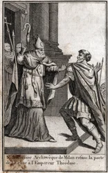 Ekskommunikaatio: Milanon Pyhän Ambroseuksen kaari (Aurelius Ambrosius, Ambrogio di Milano (340-397) kieltää kirkon oven Rooman keisarilta Theodosius I:ltä (Flavius Theodosius) (347-395) rangaistakseen häntä Thessalonikin verilöylystä 390. Kaiverrus sisään