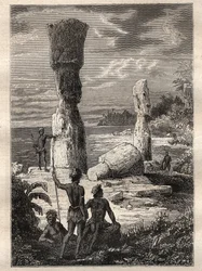 Jean Francois Galaup de La Perousen (1741-1788) retkikunta maailman ympäri (1785-1788): Pääsiäissaaren alkuperäisväestö katselee monumentaalisia patsaita (Moai) - kuva otettu teoksesta "1700-luvun suuret merenkulkijat"