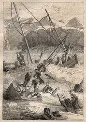 Jean Francois Galaup de La Perousen (1741-1788) retkikunta maailman ympäri (1785-1788): veneiden haaksirikko Ranskan satamassa (Alaska) - kuva otettu teoksesta "1700-luvun suuret merenkulkijat"