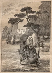 Nicolas Thomas Marion-Dufresnen (Marion Dufresnen) (1729-1772) retkikunta: kanootteja Admiraut-saarilta (Bismarckin saaristo, Papua-Uusi-Guinea) - kuva otettu teoksesta "" 1700-luvun suuret merenkulkijat""