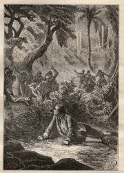 Nicolas Thomas Marion-Dufresnen (Marion Dufresnen) (1729-1772) retkikunta: ainoa eloon jäänyt merimies todistaa kaikkien tovereidensa, mukaan lukien Marionin, verilöylyn Assassins Bayn (Matuaron saari, Uusi-Seelanti) alkuperäisasukkaiden toimesta - kuva ot
