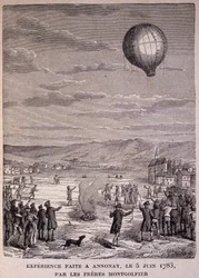 Montgolfier Brothersin Annonayssa 5. kesäkuuta 1783 tekemä koe - kirjassa "" Les Contemporains", n.d. 1800-luvun lopulla.