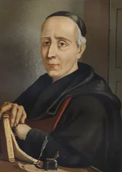 FEIJOO Y MONTENEGRO, Benito Jerónimo (1673-1764). Espanjalainen kirjailija ja esseisti - espanjalaisen teologin ja lääkärin Benito Jerónimo Feijoon (1676-1764) muotokuva teoksen "Kuuluisia miehiä ja naisia" mukaan. Barcelona 1877