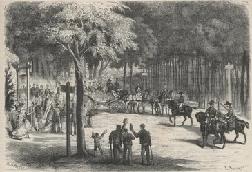 Perhematka Fontainebleaussa: heidän majeseesiensa retki Franchartin raunioille. Häät tervehtivät keisari Napoleon III:n (1808-1873) ja hänen perheensä siirtymistä. Kaiverrus kirjaan "The Universe Illustrious"