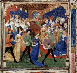 Kuningas Arthurin hovissa juhlitaan Queen Genievreä, jota ympäröi 12 kuningasta. Miniatyyri käsikirjoituksesta "Graalin kuningattaren romaani" 1450-1460 Dijon. Kaupungin kirjasto