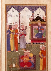 Sulttaanin järjestämä juhla käärmeen hurmaajien ja minimuusikoiden kanssa 1500-luvun käsikirjoituksesta. Venetsia, Biblioteca Marciana