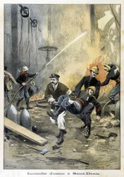 Palomiehet puuttuvat tulipaloon Usinessa Saint Denisissä. Kuva "Petity Journalista" vuodelta 1899.