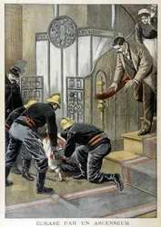 Miestä pelastavat palomiehet törmäsivät hissiin pariisilaisessa rakennuksessa. Kuva "Pienestä päiväkirjasta" vuodelta 1899.