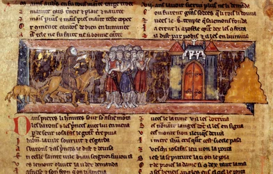 Ensimmäinen ristiretki (1096-1099): Pietari Erakko (1050-1115), ensimmäisen ristiretken ranskalainen uskonnollinen johtaja, puhuttelee ristiretkeläisiä. Joutsenritarin käsikirjoitus