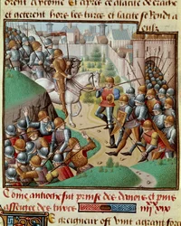 Ensimmäinen ristiretke: ""Antiokian valloitus"" Taistelu käytiin Antiokian muurien alla Bohemondin risteilyjen ja Persian sulttaanin kenraalin Karboukan armeijan välillä kesäkuussa 1098. Miniatyyri teoksessa "" Le miroir historial"" (Speculum) Historiale) 