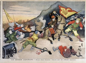 Ensimmäinen Kiinan ja Japanin sota - Kiinan ja Japanin sota: Kiinan lipun ottaminen japanilaisen upseerin toimesta - "Le Petit Journalissa" 29.10.1894 (kaiverrus)