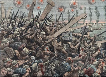 Ensimmäinen maailmansota: Saksan armeija Yserin taistelussa lokakuu 1914 Kuvituslehdestä "Le pelerin" 29. marraskuuta 1914