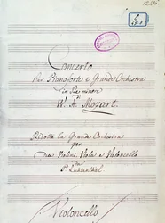 Ensimmäinen sivu nuotit Mozartin konserttiin pianolle ja suurelle orkesterille d-molli, Lichtenthal-versio (1800-luku)