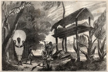 Kapteeni James Cookin (1728-1779) ensimmäinen matka (1768-1771): fia-toka (fia toka), Tahitin hautarakennus - kuva otettu teoksesta "" 1700-luvun suuret merenkulkijat""
