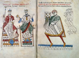 Flavius Josephe (alun perin Yossef ben Matityahu, kreikankielinen juutalainen historioitsija (37-100) tarjoten kirjaansa keisarit Titukselle ja Vespasianukselle. Miniatyyri otettu teoksesta "" De Bello Judaico (Juutalaisten sota) "" (folio 2 ja 3)