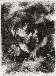 Angelican (Angelica) lento taistelun aikana - kaiverrus vuodelta 1851 Ludovico Ariostosta "" Furious Roland"" (Orlando furioso) (1500-luku), joka tunnetaan nimellä Ariosta - Tressanin kreivi käännös italiasta ja kustantaja Gustave Harva