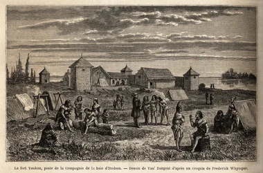 Fort Youkon, Nortoninlahdella, Alaskassa, perustettiin vuonna 1847, Hudson Bay Companyn laitos, intiaanit leiriytyivät palisadien ympärille. Frederickin kaiverrus havainnollistamaan matkaa ja seikkailuja Englannin Kolumbiassa, Vancouver Islandissa ja Alask