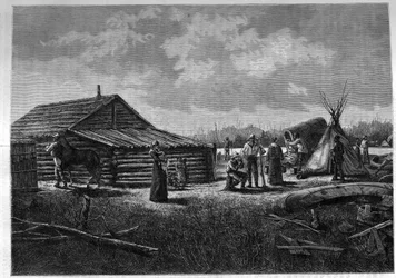 Ranskalais-kanadalainen Metis Village Kanadassa. Kaiverrus "The Journal of Youth"