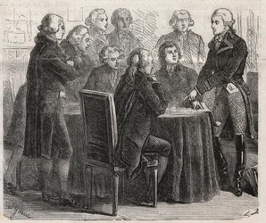 Ranskan vallankumous: Kreivi Louis Marie de Narbonne-Lara (Narbonne Lara) (1755-1813) esittelee suunnitelmiaan edustajakokouksen komiteoissa - Kaiverrus "" The Illustrous World""