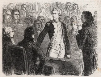 Ranskan vallankumous: kenraali Gilbert du Motier de La Fayette (1757-1834) luopuu kansalliskaartin komennosta - kaiverrus "Le Monde Illustré" -lehdessä