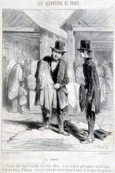 Fripier Pariisin temppelialueelta yrittää myydä vaatteita miehelle. Kaiverrus 1800-luvulta.