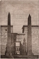 Etunäkymä Luxorin obeliskien rekonstruktiosta Egyptissä