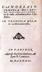 Giordano Brunon (1546-1600), italialaisen filosofin ja teologin "" Il candelaio" (kynttilänjalka) etukuva. 1582