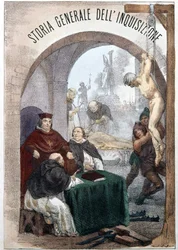 Pietro Tamburinin inkvisition yleishistorian etukuva, jossa kuva, joka kuvaa symbolisen inkvisition kohtauksia. Milano 1850.