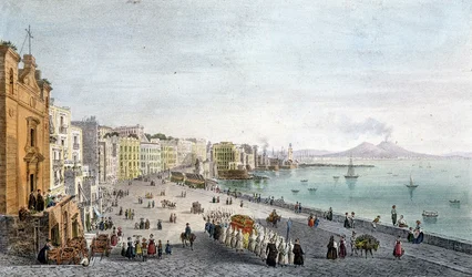 Hautajaiset Napolinlahdella Vesuve taustalla.