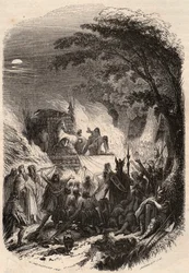 Päällikkö Germainin hautajaiset antiikissa: hänen ruumiinsa poltetaan aseillaan ja hevosella. Kaiverrus vuodelta 1868 Theodore Justen (1818-1888) teokseen "Histoire de Belgique primitiivistä Leopold I:n hallituskauden loppuun". Yksityinen kokoelma.