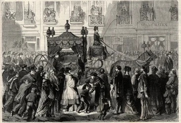 Funerary Cortege Gioacchino (Gioachino) Rossinin (1799-1868) obsequen aikana Pariisissa. Kaiverrus kirjaan "The Universe Illustrious"