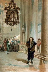 Galileo Galilei dit Galileo (1564 - 1642). tarkkailemassa Pisan katedraalin lampun värähtelyä. Louis Figuierin "Tiede ja sen miehet" Barcelona 1881 -sarjasta