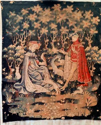 Upea kohtaus , sydämen lahja (Tapetry, n. 1400-1410)