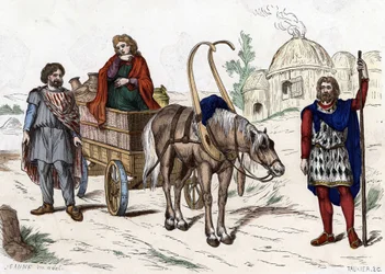 Gallialainen asunto, nainen, talonpoika, vaunut, rikas maanviljelijä, valjaat - "" Ranskan siviili- ja sotilasasuissa vuosisatojen ajan Paris F. Roy 1882 ".