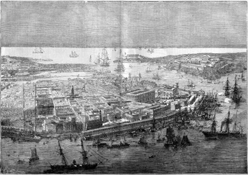 Yleiskuva Havannasta vuonna 1862 - kontraamiraali Jurien de la Gravieren komentaman ranskalaisen divisioonan laitteisto.