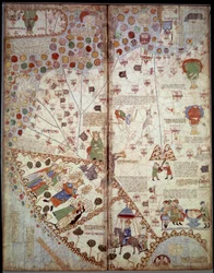 Maantieteellinen kartta: Kiina, Gangesin laakso, Sumatra, Ceylan. Katalaani Atlas (Katalaani kartta) (Espanja). Abraham Cresquesin käsikirjoitus vuodelta 1375 (Folio 2v - folio 3). BN, Pariisi