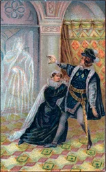 Gertrude, Hamlet ja Hamletin isän haamu. William Shakespearen teoksessa "Hamlet".