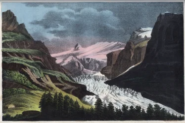 Grindelwaldin jäätikkö Sveitsissä 1800-luvulla - kaiverrus teoksesta "Usi e Costumi di Tutti i Popoli dell