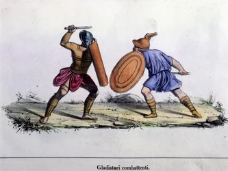 Gladiaattorin taistelu. 1800-luvun kaiverrus.