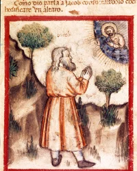 Jumala pyytää Jaakobia menemään Beeteliin ja rakentamaan pienoisalttarin koodeksista 212 (tai padovano-koodista tai Padovan Raamatusta) 1390-1400 Rovigo, Accademia dei Concordi