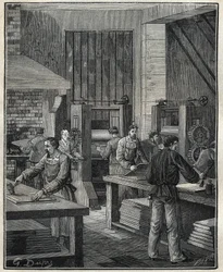 Kultaseppä: levyn valmistelu, metallin valmistelu erityisen hopeaesineen suorittamista varten. Kaiverrus vuodelta 1885 kirjassa "Les arts et metiers illustres", kirjoittanut Adolphe BITARD.